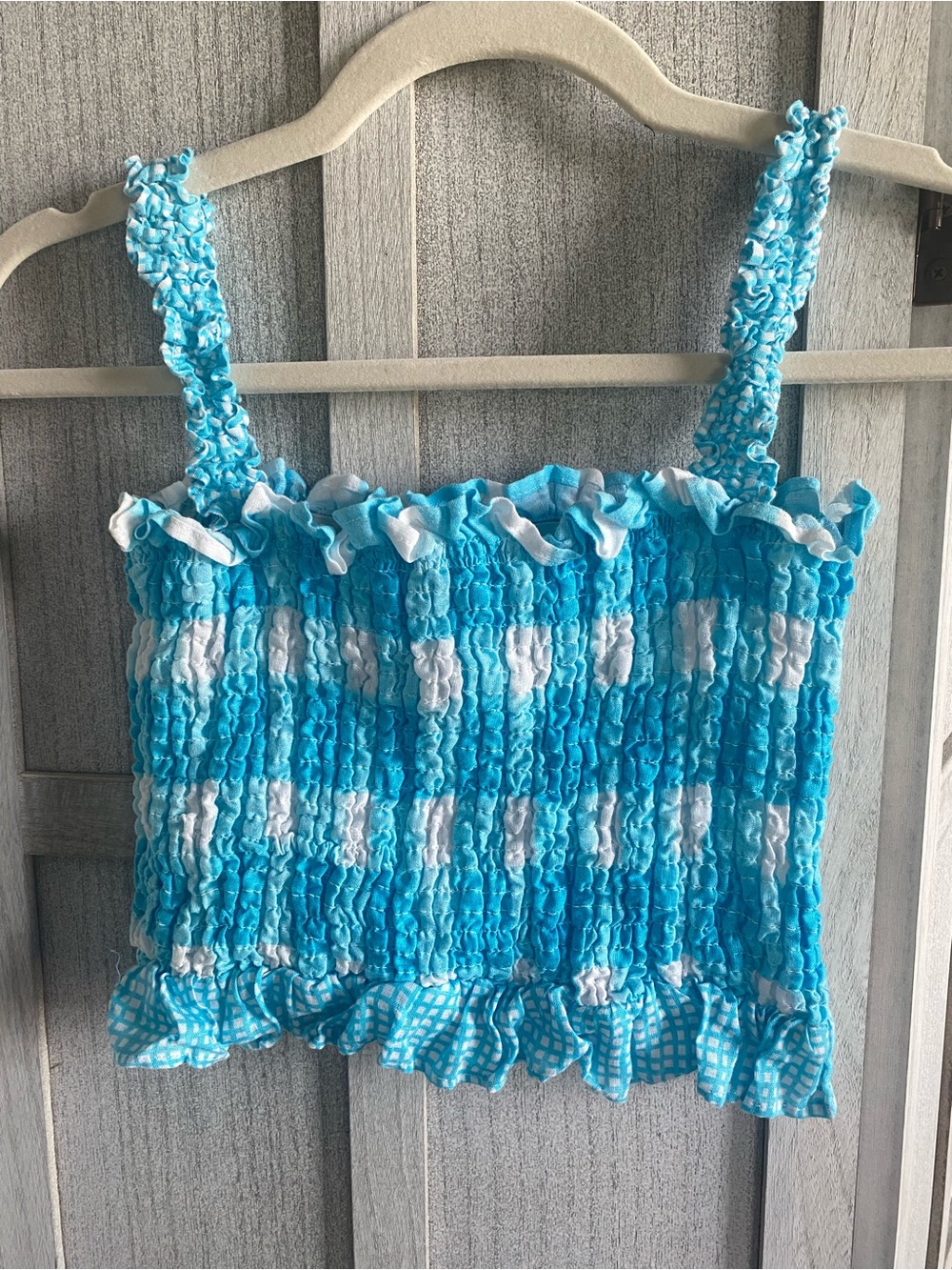 SOLID & STRIPED The Phoebe Blue and White Smocked Gingham Crop Top